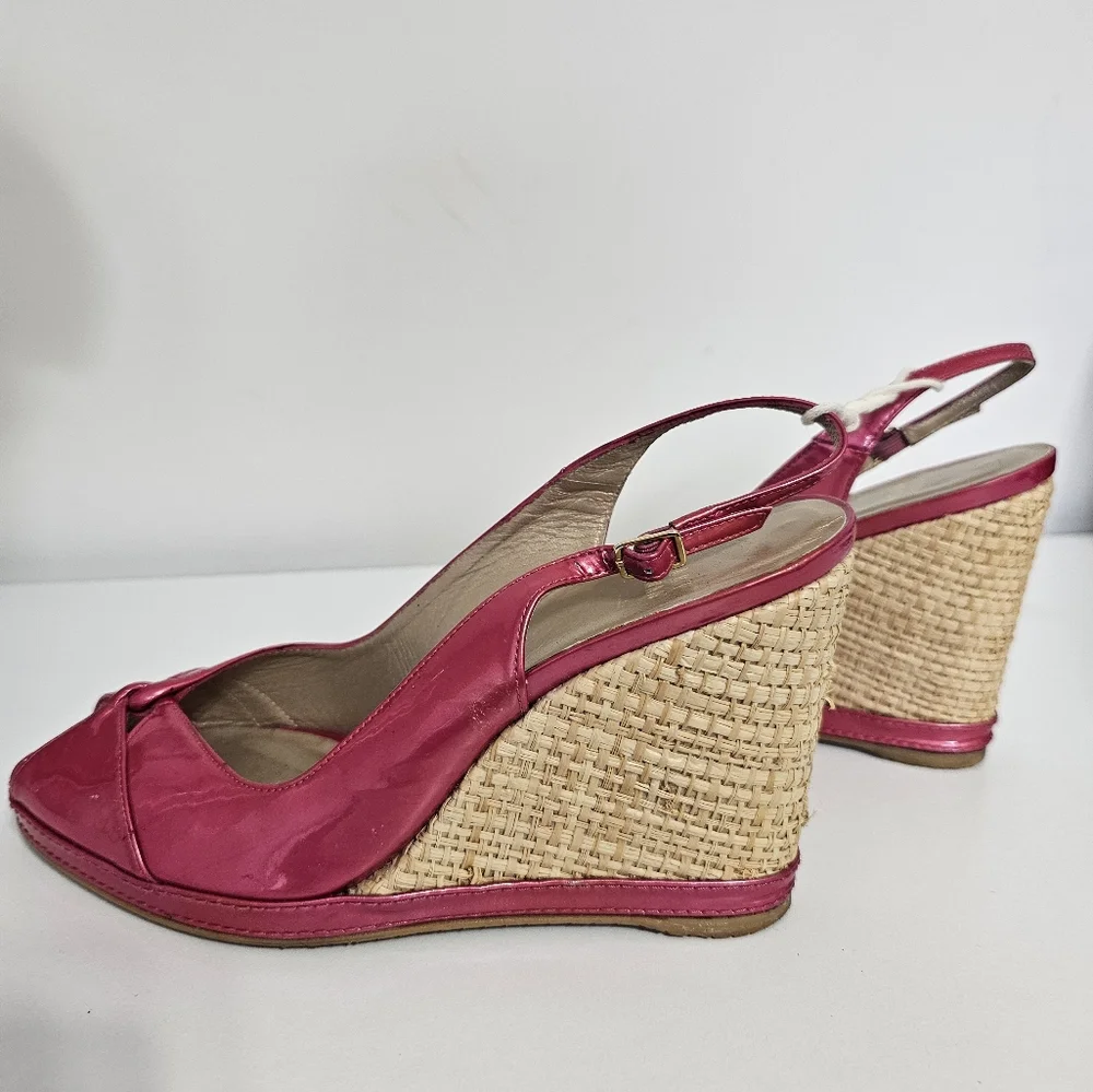 sz 9.5 M Stuart Weitzman Pink Tan Espadrille Wedge Sandals Slingback Patent - Picture 4 of 8